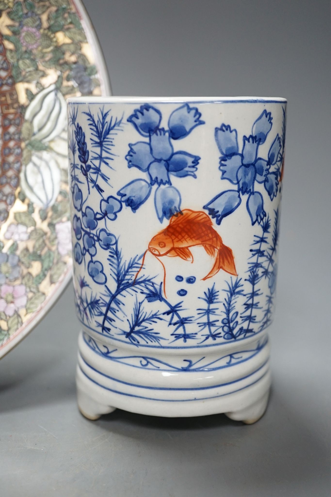 A Chinese brushpot, famille rose dish and a 'dragon' bowl, largest measurement 31cm